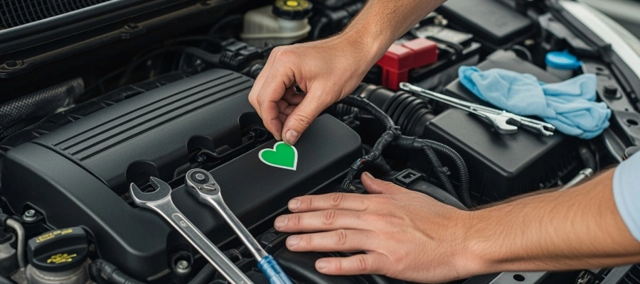 mechanic hands on a car engine fixing it with tools and a green heart