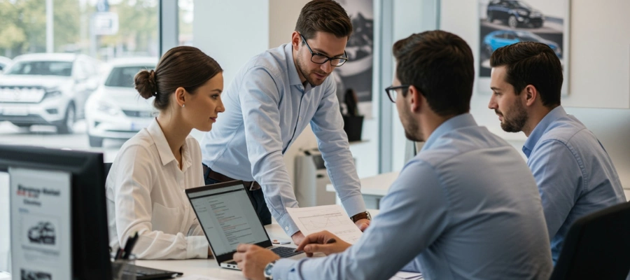group of automotive professionals reviewing finances