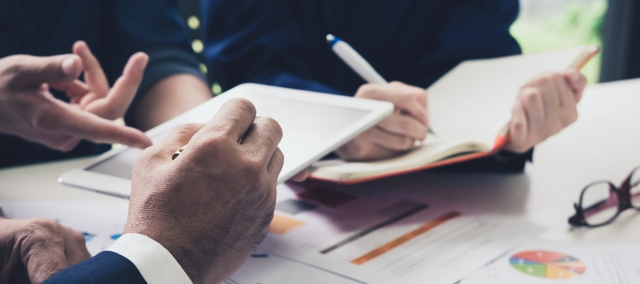 business hands with data reports