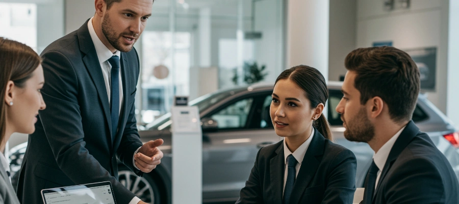 business professionals at table inside car dealership