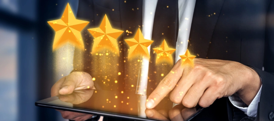 Man hand finger tap on tablet 5 star review